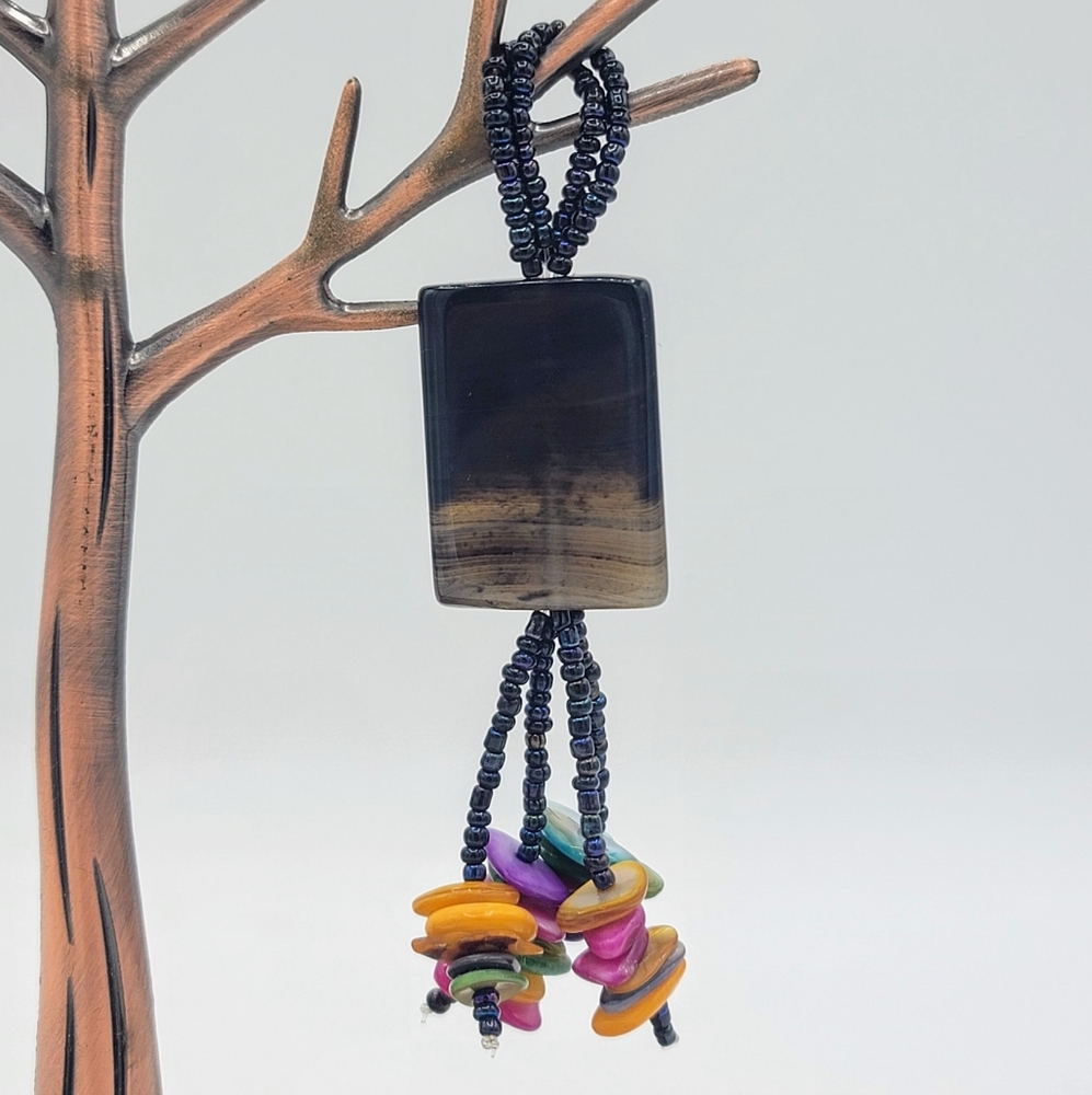 Boho Horn Pendant w/ Dyed Shell Dangles & Beaded Loop Festival Jewelry Vintage